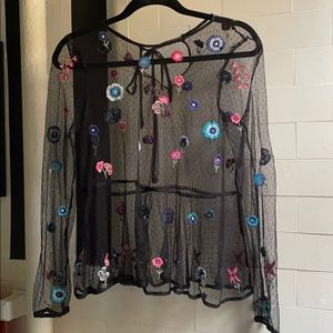 Topshop Sheer Black Lace Floral Blouse XS 0